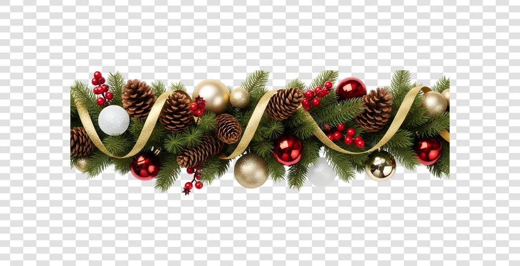 Guirlanda de Natal clássica vermelha dourada com pinhas PNG com fundo transparente
