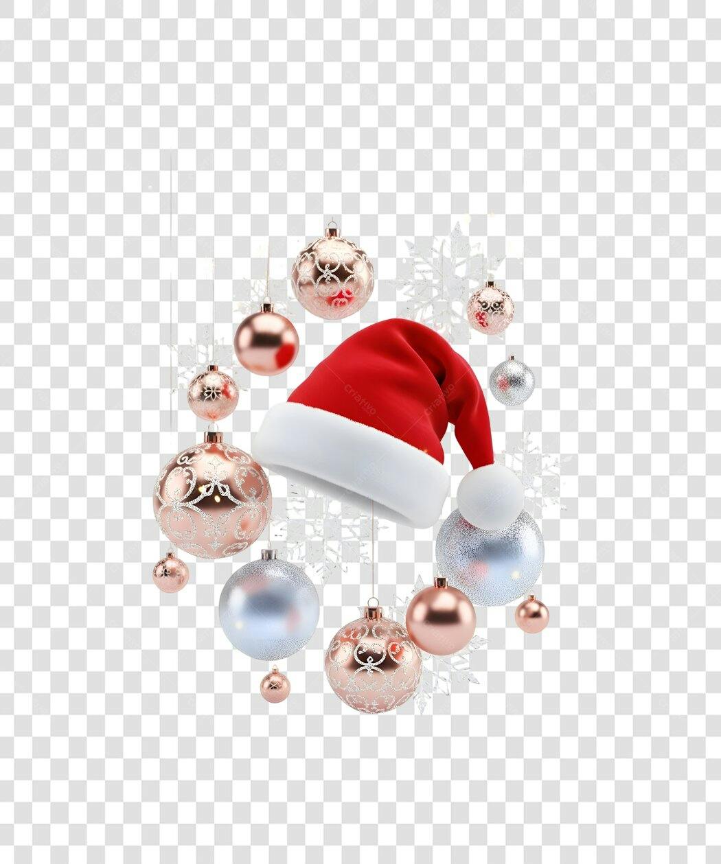 Elemento Gráfico Natalino Gorro de Papai Noel Bolas Rose Gold PNG com fundo transparente