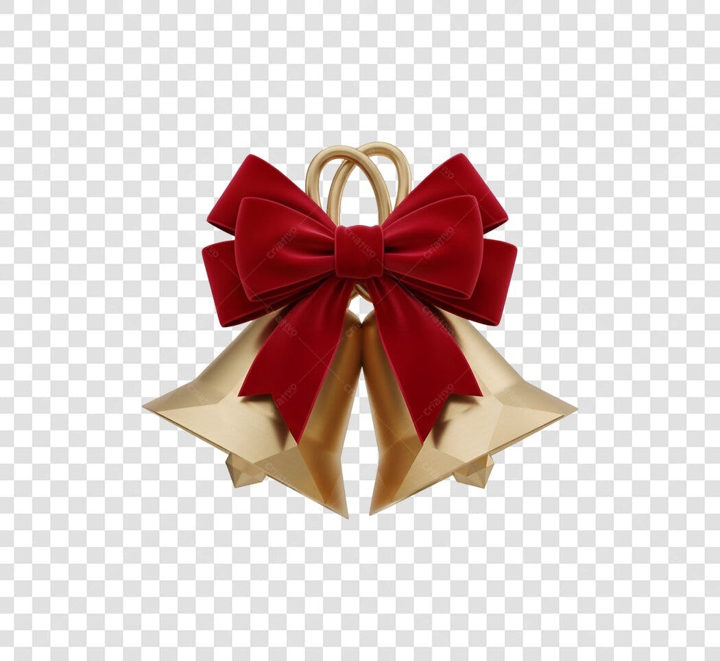 Sino de Natal Dourado com Laço Vermelho 3D PNG com fundo transparente