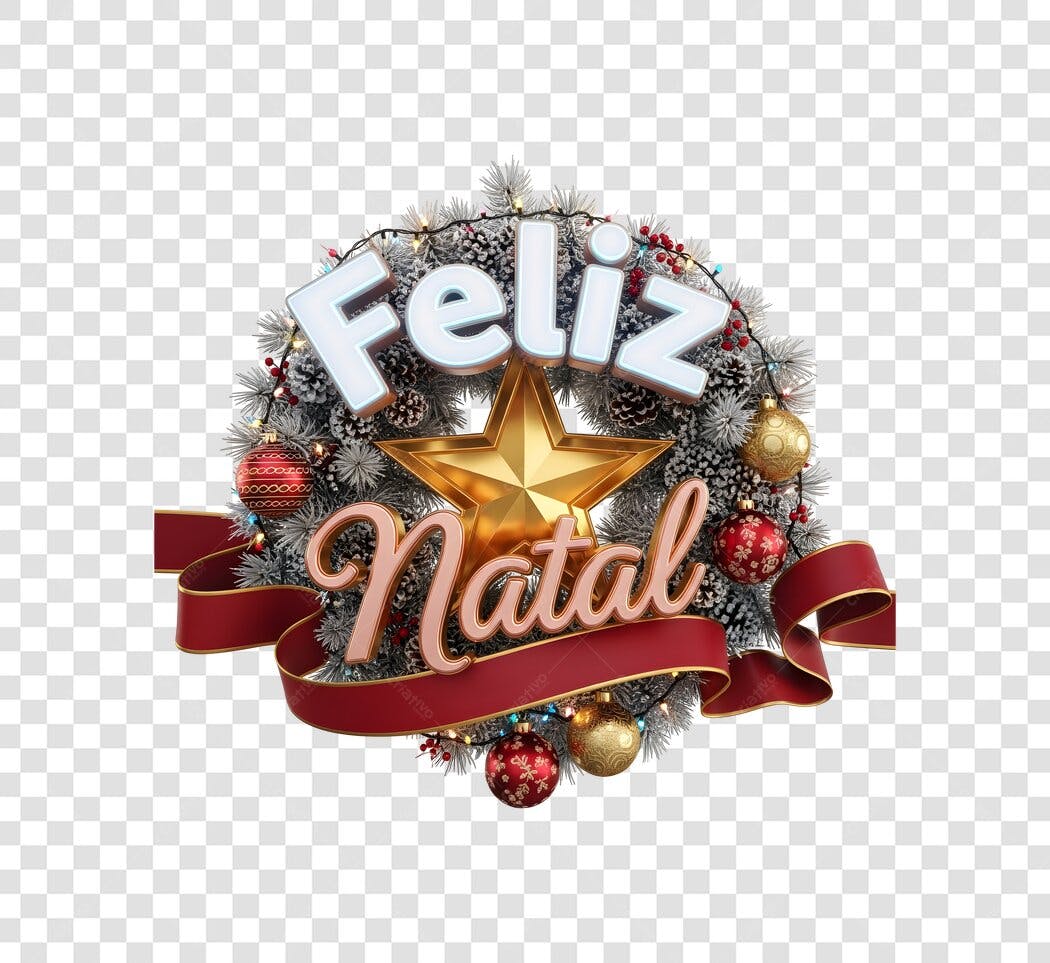 Elemento Decorativo Natal Feliz Natal Guirlanda com Estrela Dourada PNG com fundo transparente