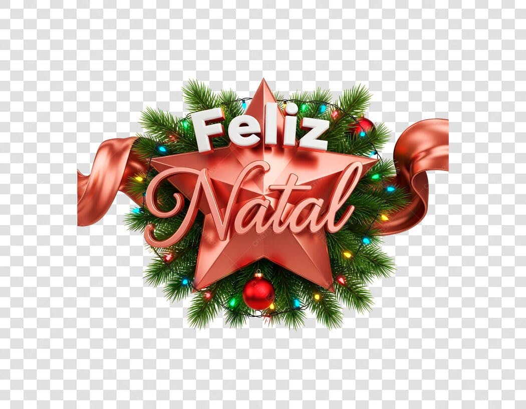 Elemento 3D Feliz Natal com Estrela Luzes e Fita Rosa Dourado PNG com fundo transparente