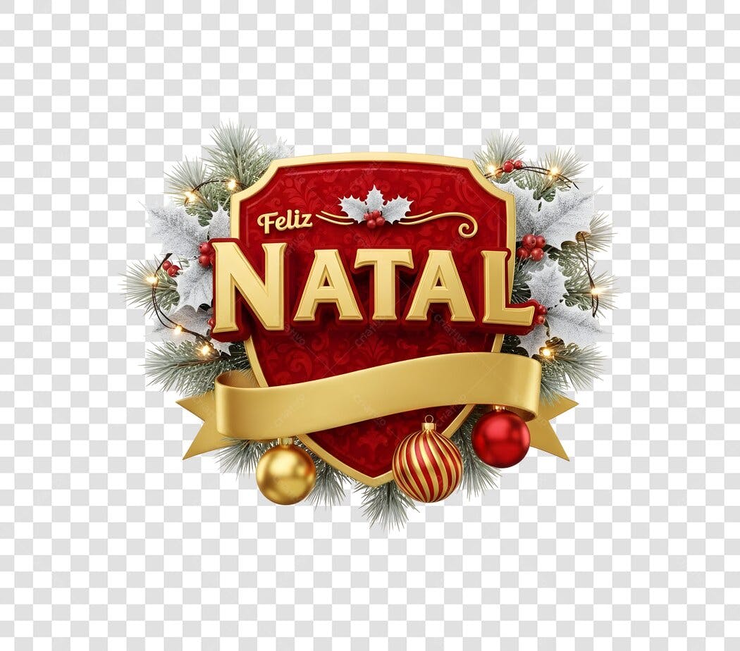 Emblema Feliz Natal Vermelho Dourado 3D Festivo PNG com fundo transparente