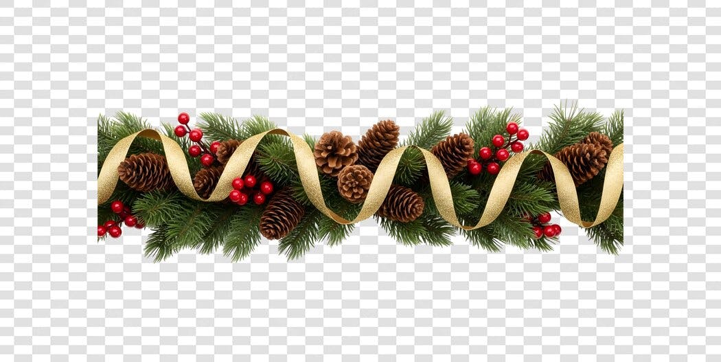 Borda decorativa Natalina com pinhas laço dourado e bagas vermelhas PNG com fundo transparente