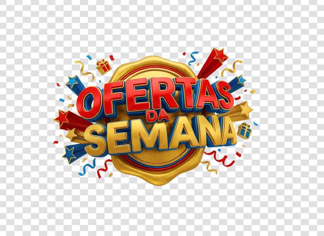 Selo 3D Ofertas da Semana 3D dourado vermelho azul PNG com fundo transparente