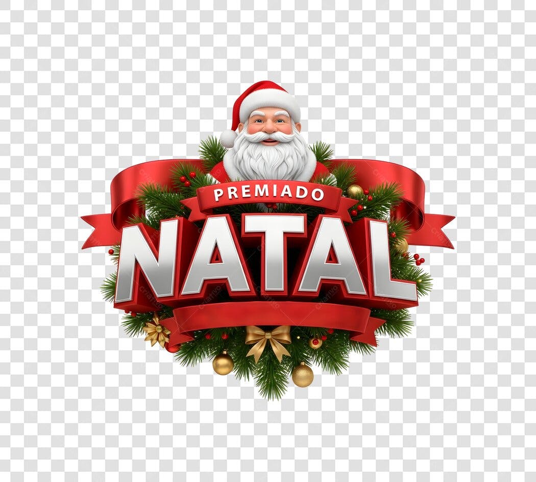 Selo Natal Premiado Papai Noel 3D com fita vermelha PNG com fundo transparente