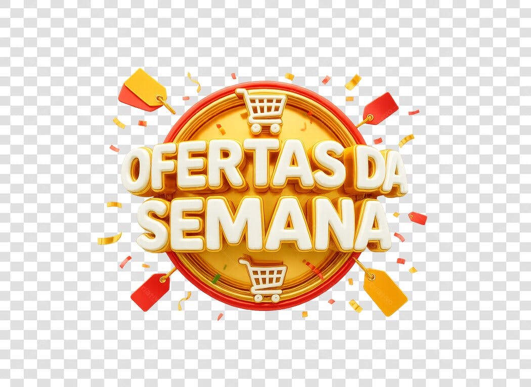 Selo 3D Ofertas da Semana Dourado Vermelho Carrinho de Compras PNG com fundo transparente