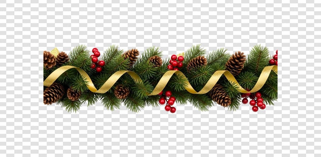 Borda de Natal Festiva Ramos Pinhas Dourado Bagas Vermelhas PNG com fundo transparente