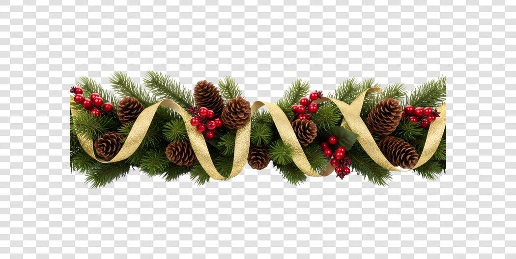Borda Decorativa Natal Pinhas Bagas Vermelhas Laço Dourado PNG com fundo transparente