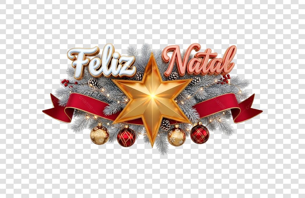 Elemento gráfico Feliz Natal estrela dourada bolas vermelhas PNG com fundo transparente