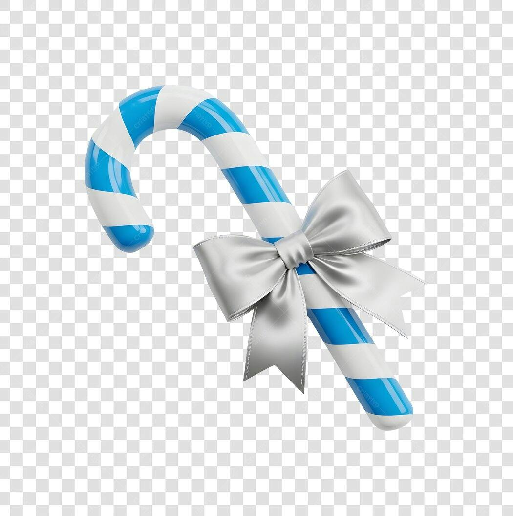 Elemento decorativo Bengala Doce Natal Azul e Branca com laço prata PNG com fundo transparente