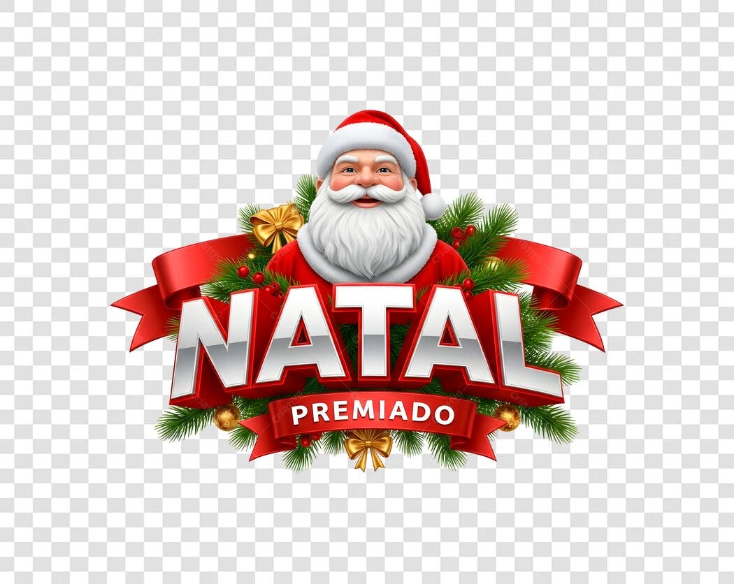 Selo Natal Premiado com Papai Noel Fita Vermelha e Ramagem Verde PNG com fundo transparente