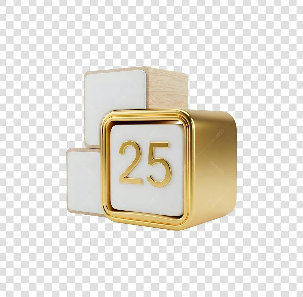 Elemento 3D Número 25 Dourado Branco Madeira PNG com fundo transparente