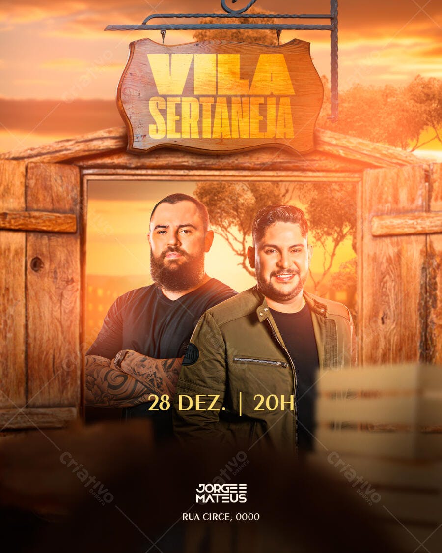 Flyer para Evento Sertanejo Vila Sertaneja com Jorge Mateus PSD Editável