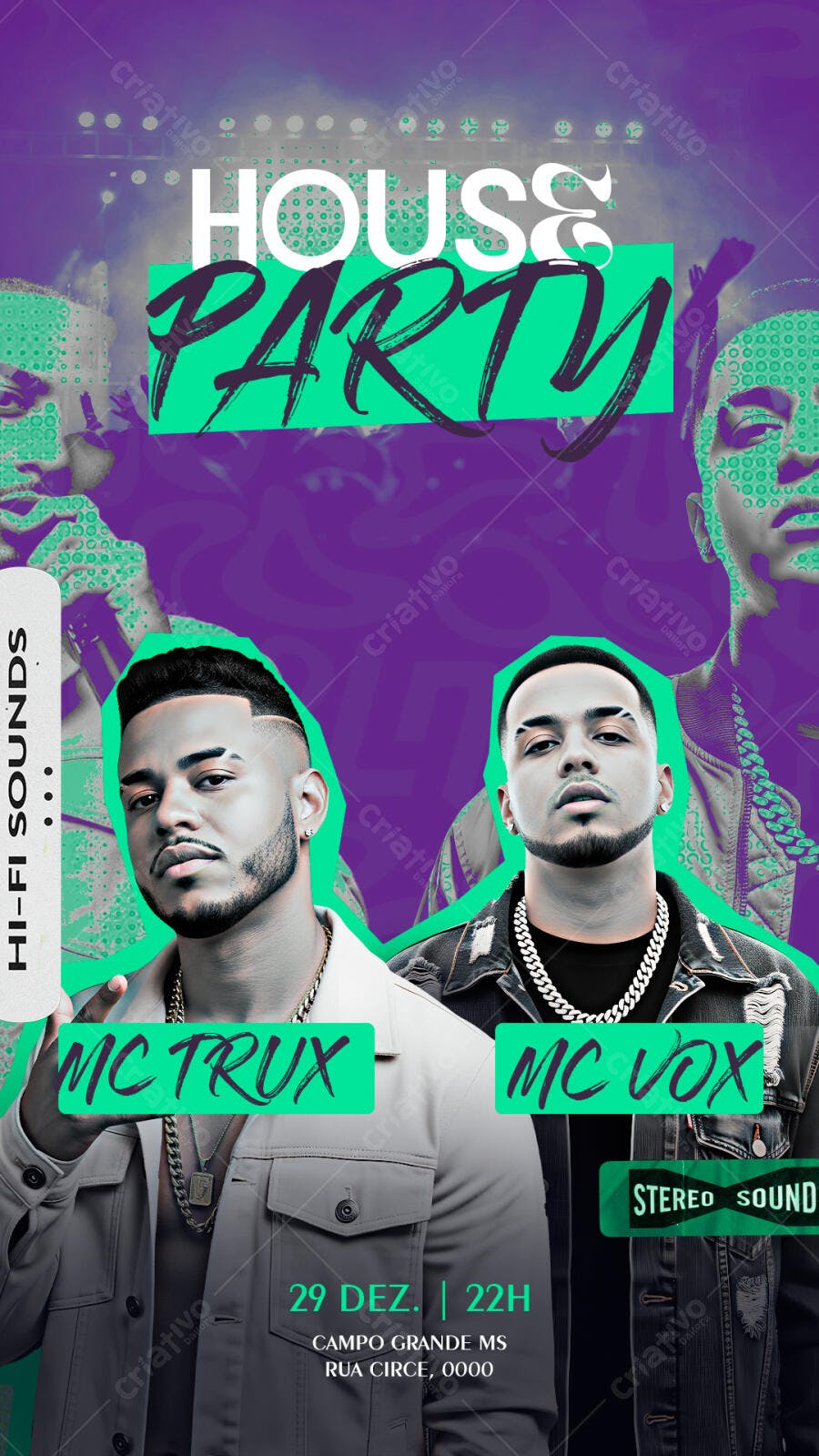 Flyer House Party DJs MC Trux e MC Vox Roxo Verde PSD Editável