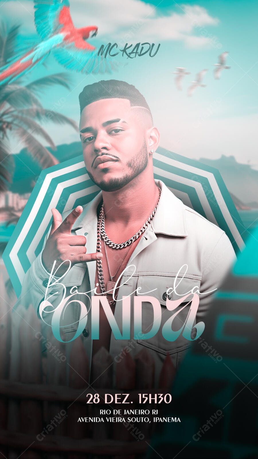 Flyer para Baile da Onda MC Kadu Ipanema Praia PSD Editável