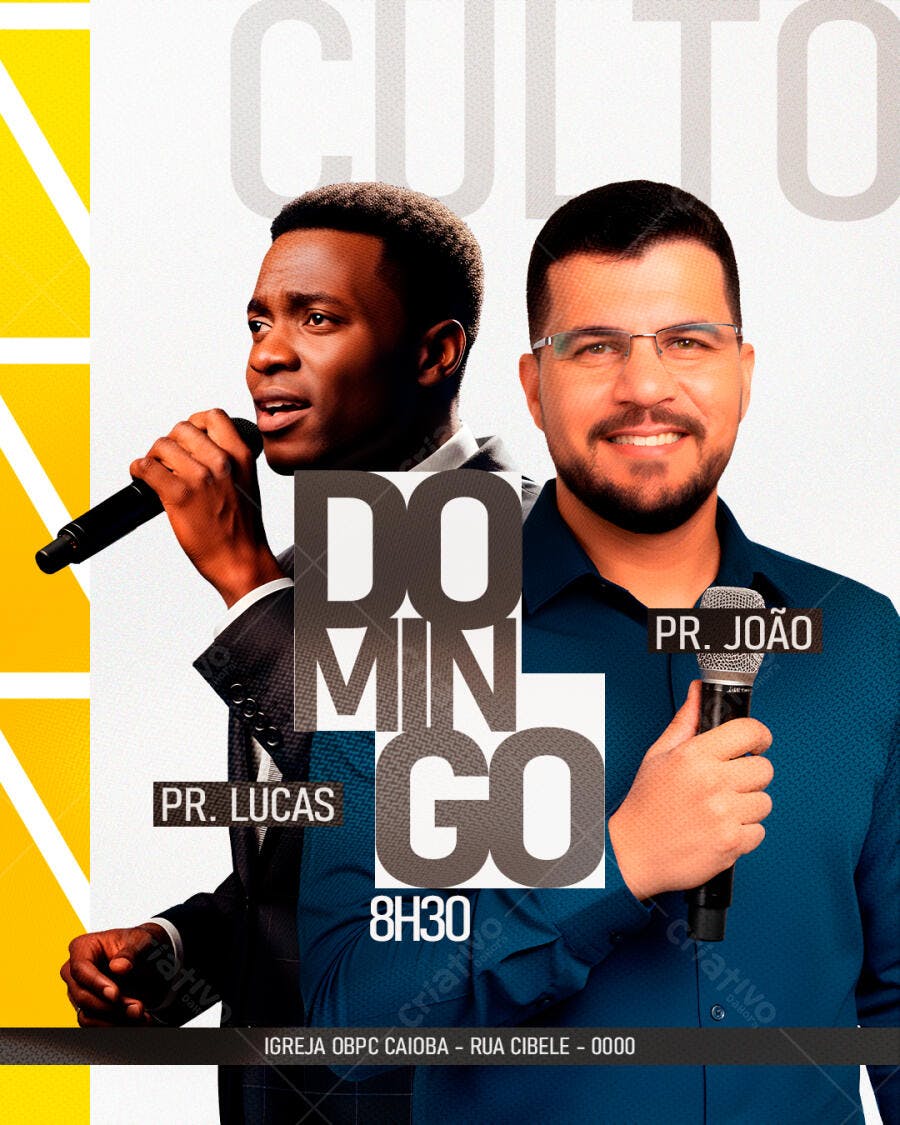Flyer para Culto de Domingo com Pr Lucas e Pr João PSD Editável