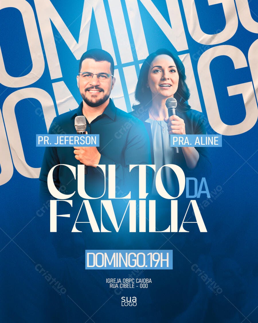 Flyer Cristão Culto da Família Domingo 19h com Pastores PSD Editável