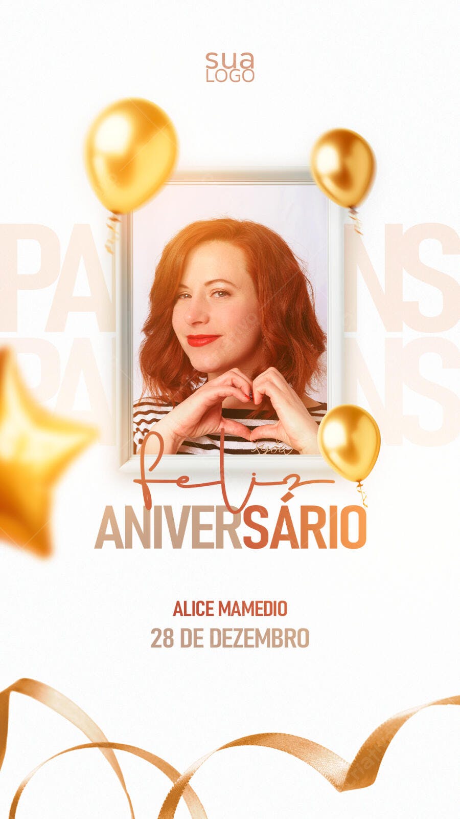 Flyer para Aniversário com Mulher Ruiva e Balões Dourados PSD Editável