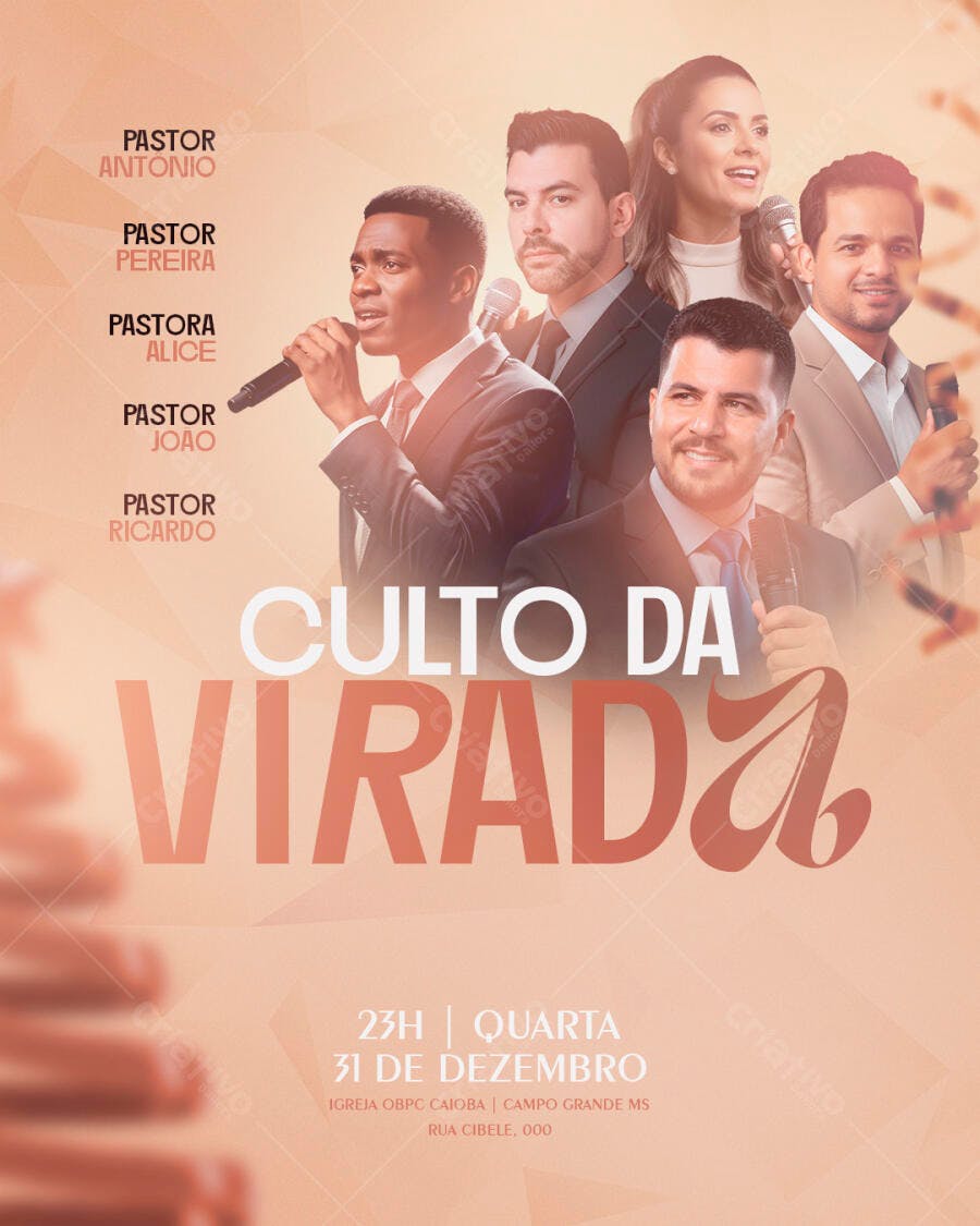 Flyer Culto da Virada de Ano Novo com Pastores PSD Editável
