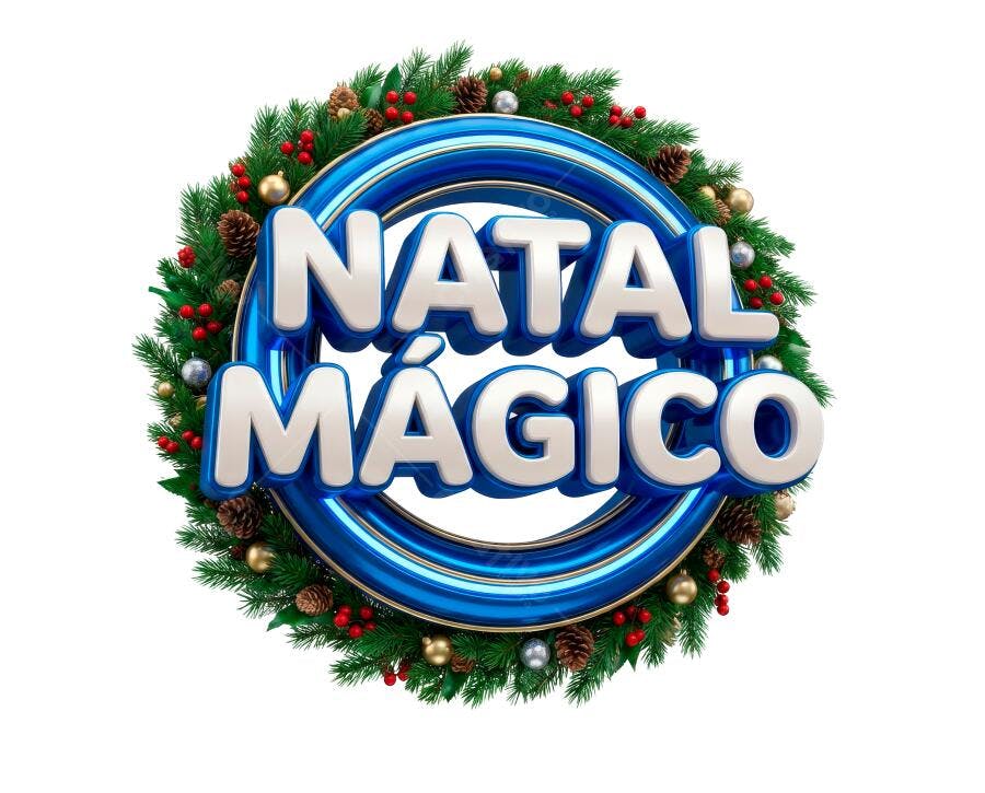 Selo 3D de Natal Mágico festivo azul metálico e guirlanda verde