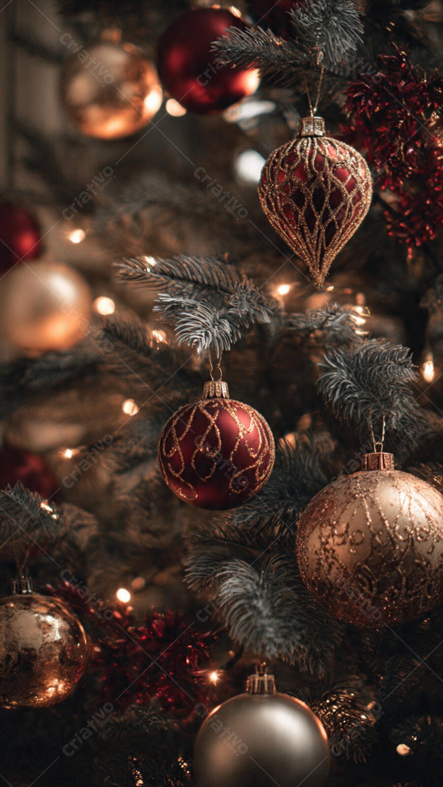 Enfeites de Natal vermelhos e dourados em árvore com luzes brilhantes