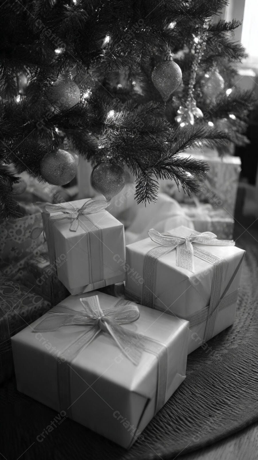 Presentes de Natal embrulhados sob árvore decorada em preto e branco