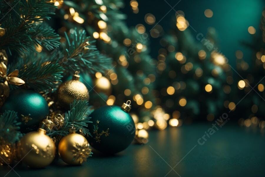 Enfeites de Natal dourados e verdes em árvore festiva com luzes bokeh