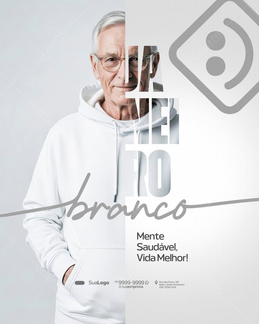 Flyer Janeiro Branco Homem Idoso Mente Saudável PSD Editável