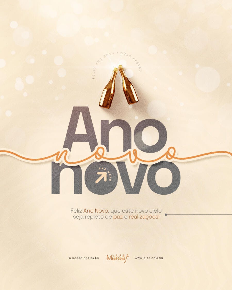 Post para Redes Sociais de Ano Novo com Brinde Dourado PSD Editável