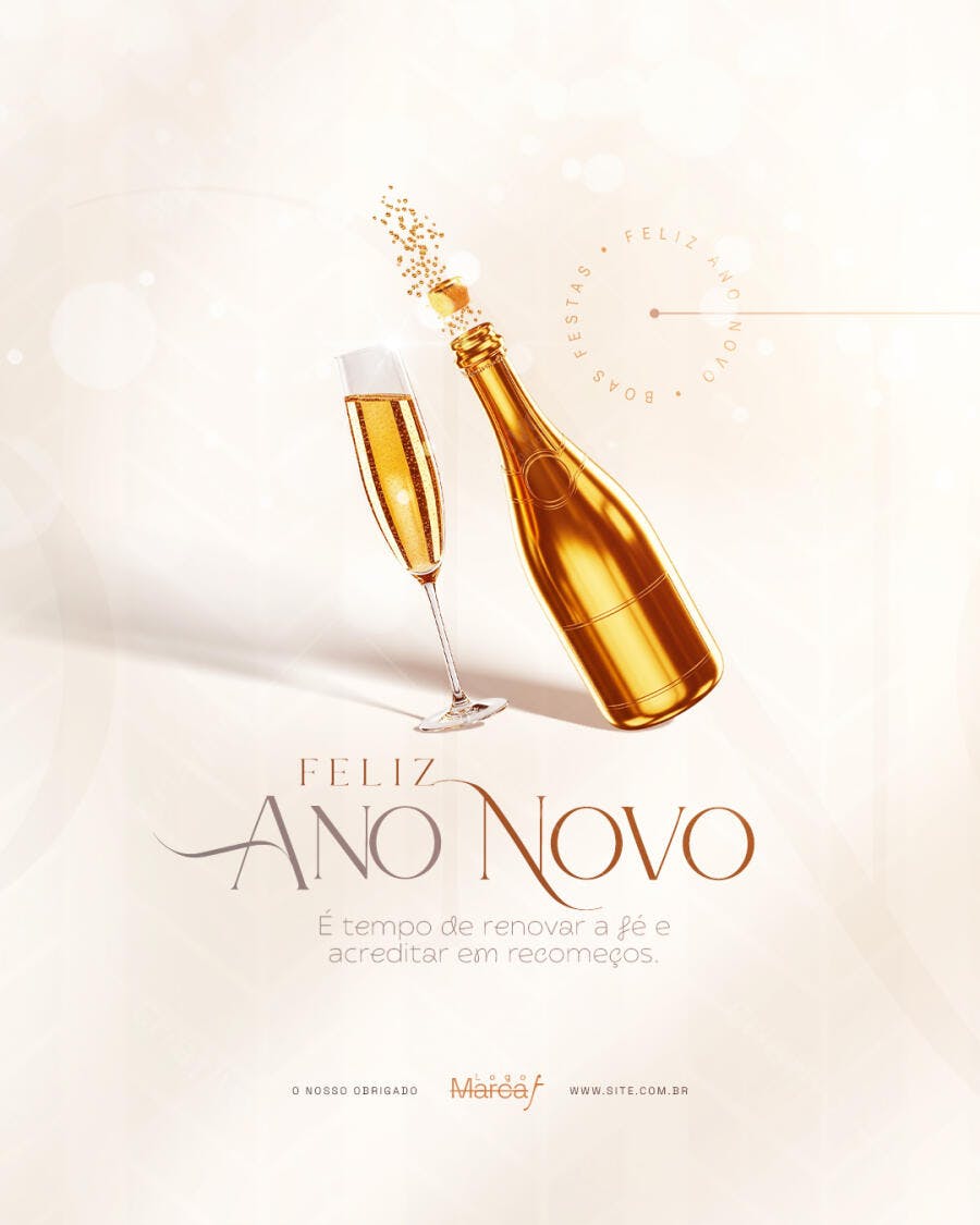 Post Redes Sociais Feliz Ano Novo Champanhe Dourado PSD Editável