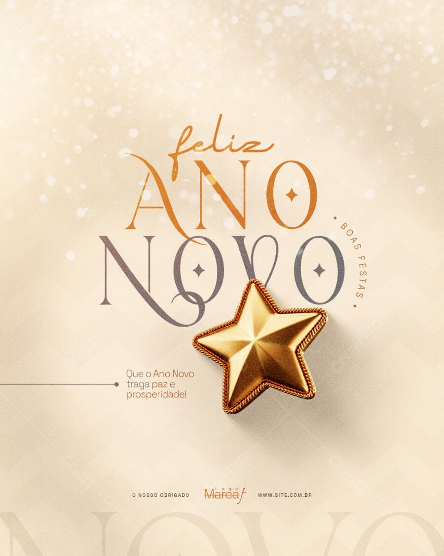 Post de Redes Sociais Feliz Ano Novo com Estrela Dourada PSD Editável
