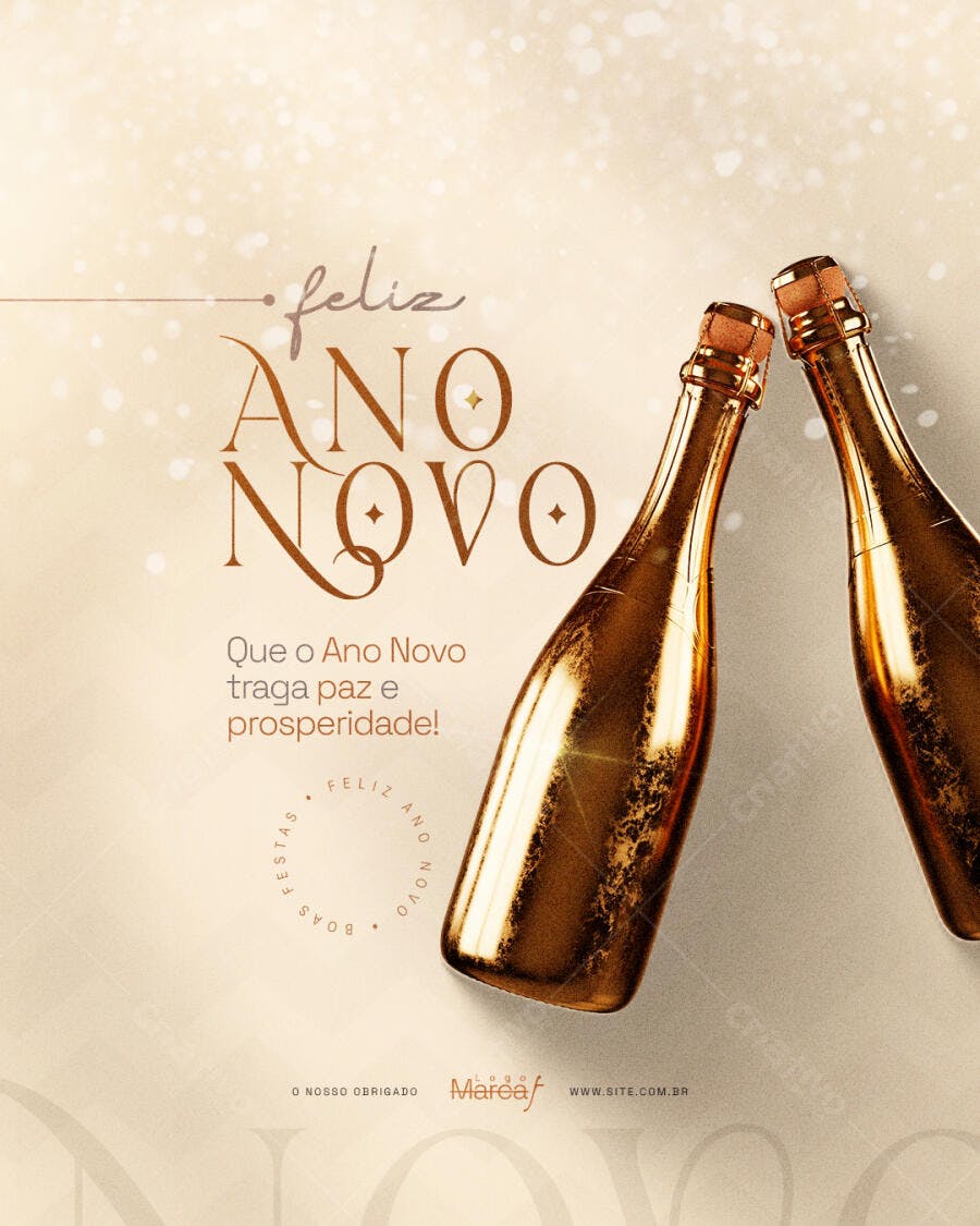 Flyer de Ano Novo com Garrafas Douradas PSD Editável