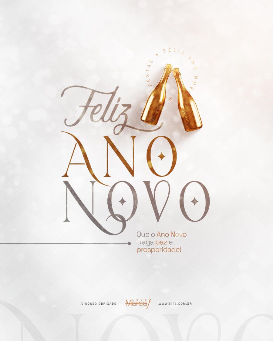Post de Redes Sociais Feliz Ano Novo com Garrafas Douradas PSD Editável