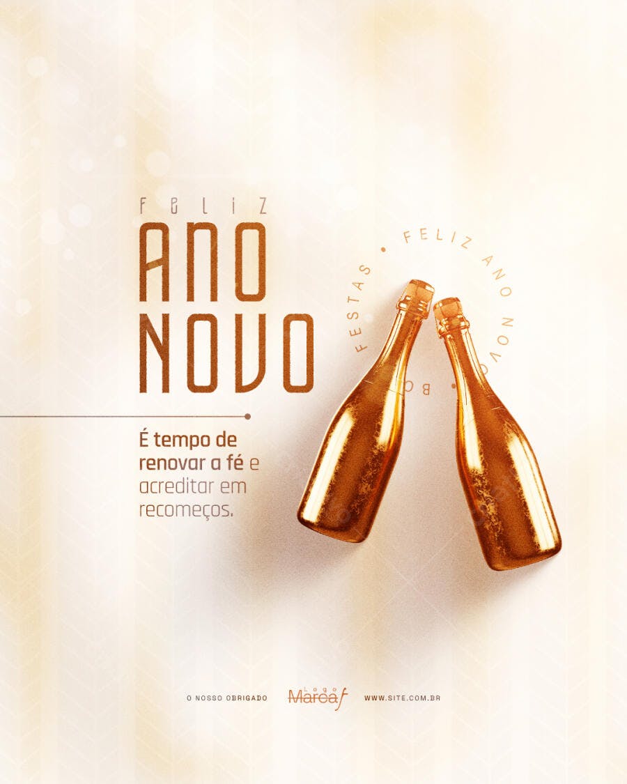 Flyer Festas Feliz Ano Novo Garrafas Douradas PSD Editável