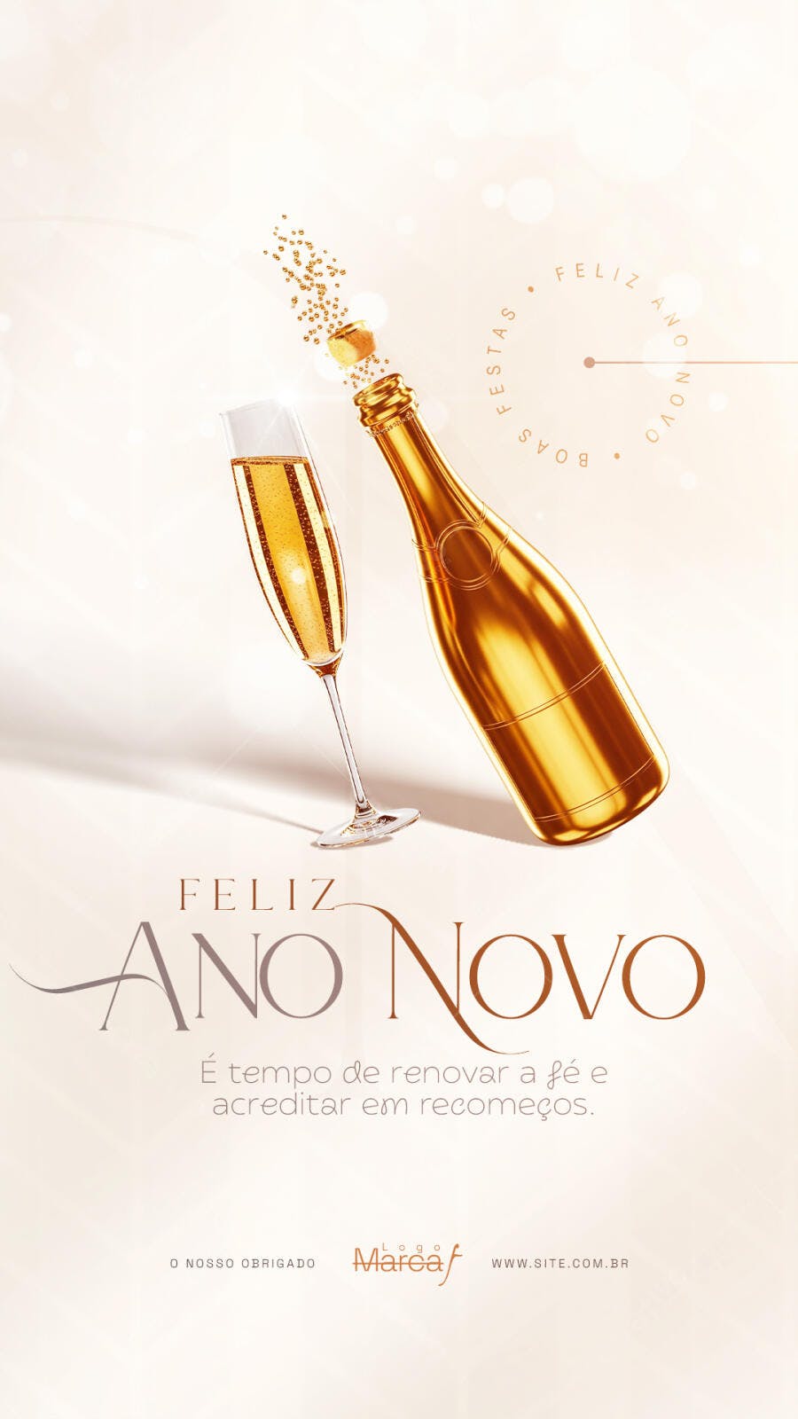 Flyer de Ano Novo Dourado com Champagne PSD Editável