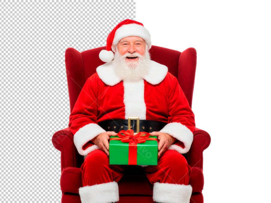 Selo 3D de Natal Papai Noel feliz presente em poltrona vermelho e verde