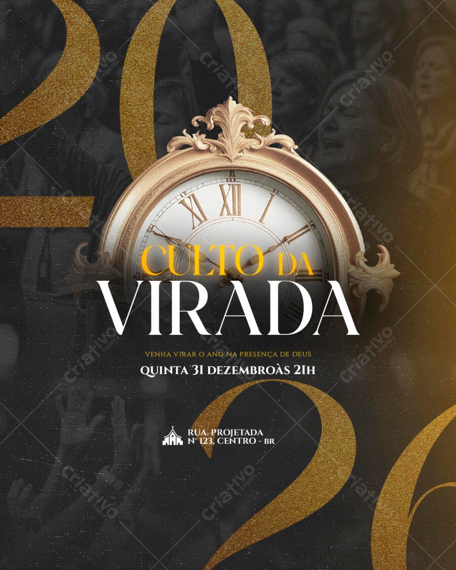 Flyer Culto da Virada Ano Novo Igreja Relógio Dourado PSD Editável