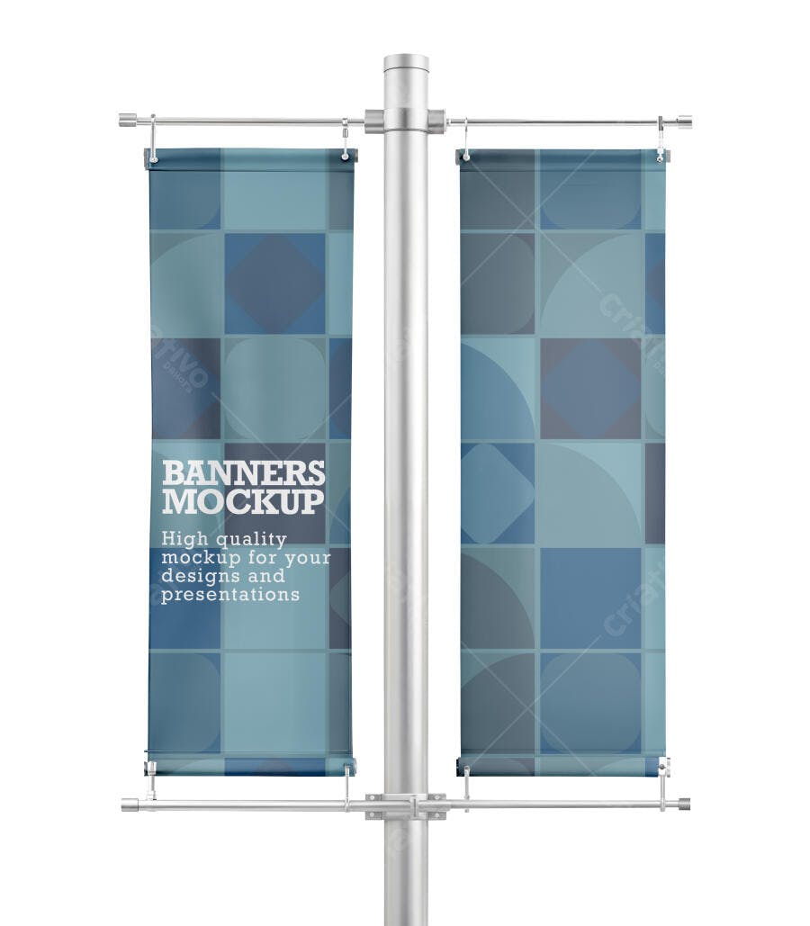 Mockup de Banners Verticais Duplos em Poste Metálico Azul Cinza Realista
