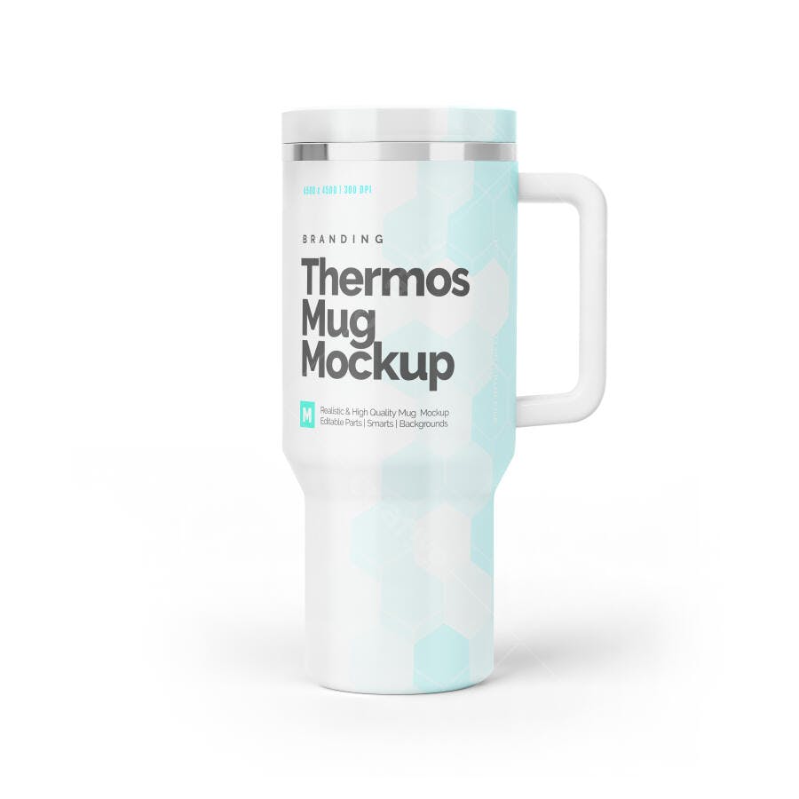 Mockup Realista de Copo Térmico Branco e Azul com Alça para Branding