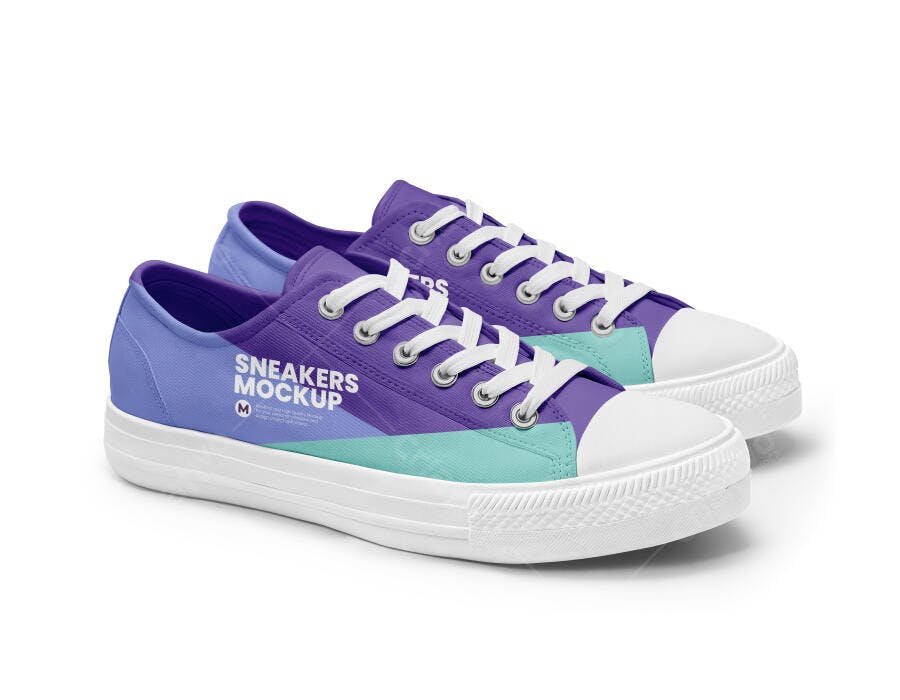 Mockup Realista de Tênis Casual Lona Roxo Azul e Branco para Moda Calçados