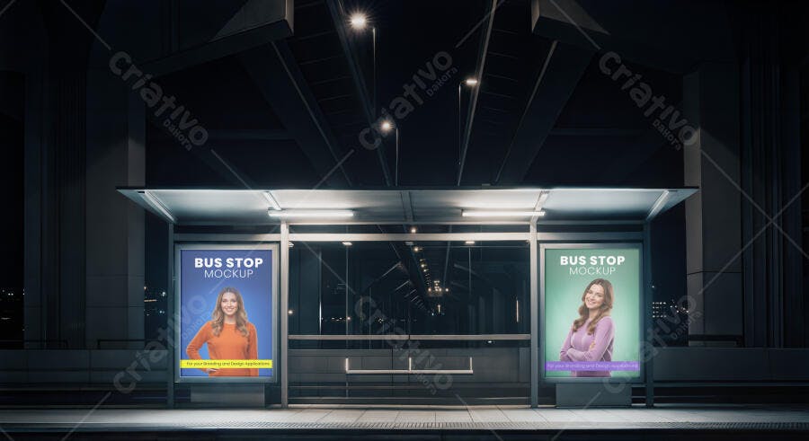 Mockup Painel de Abrigo de Ônibus Noturno Urbano Iluminado com Mulheres