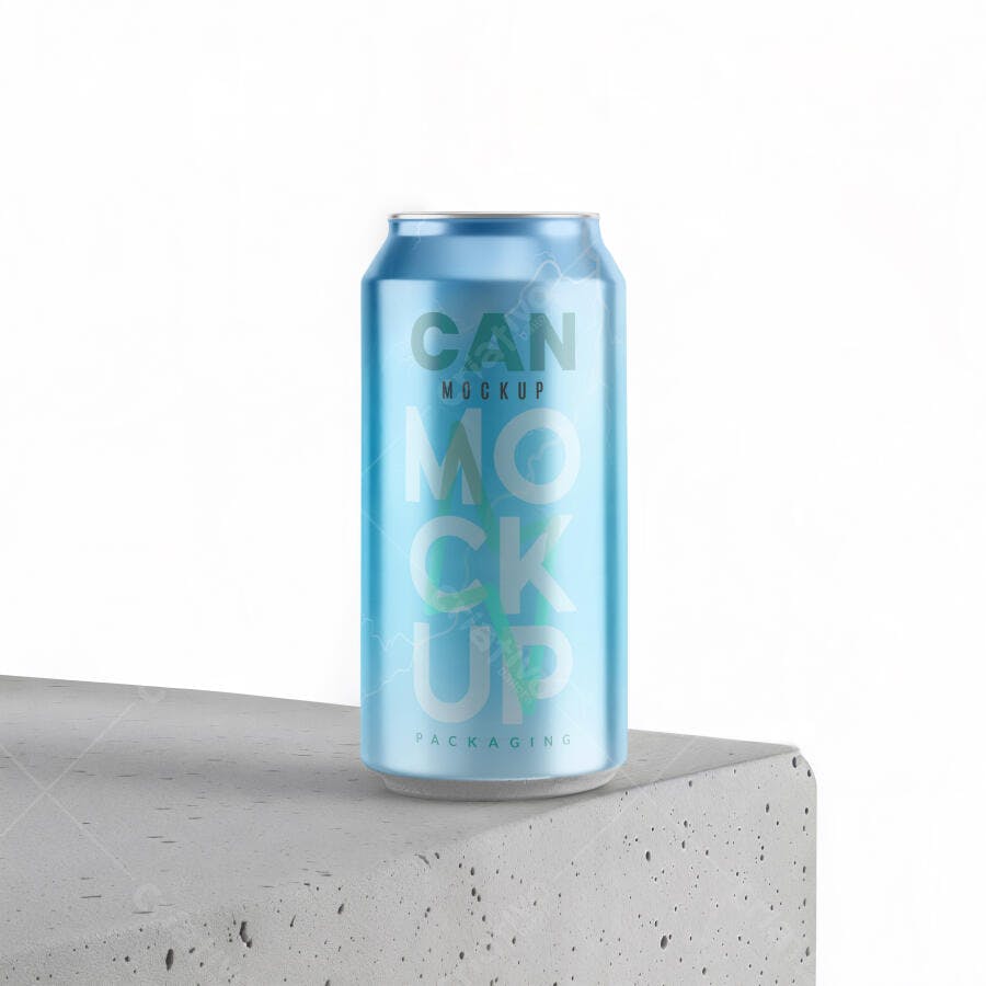 Mockup Realista de Lata de Alumínio Azul Clara em Base de Concreto Minimalista