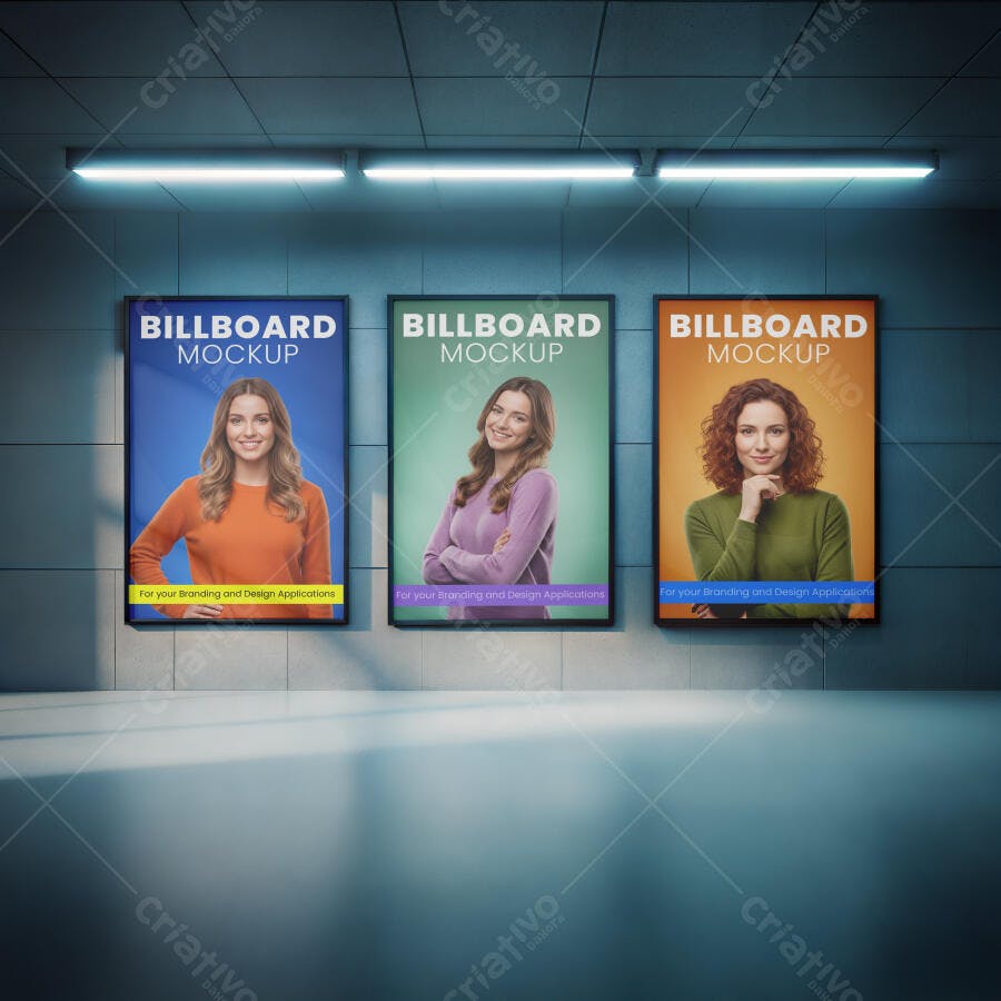 Mockup de 3 Billboards Internos Coloridos com Mulheres Sorrindo Profissionalmente