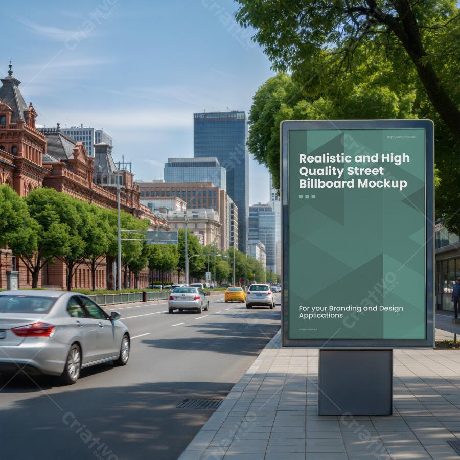 Mockup Realista de Painel Digital de Rua Urbano em Cidade Ensolarada