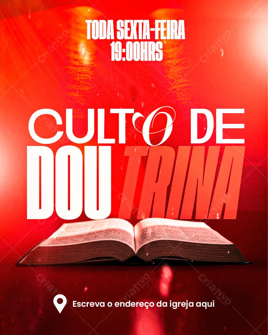 Flyer Vermelho Culto de Doutrina com Bíblia PSD Editável