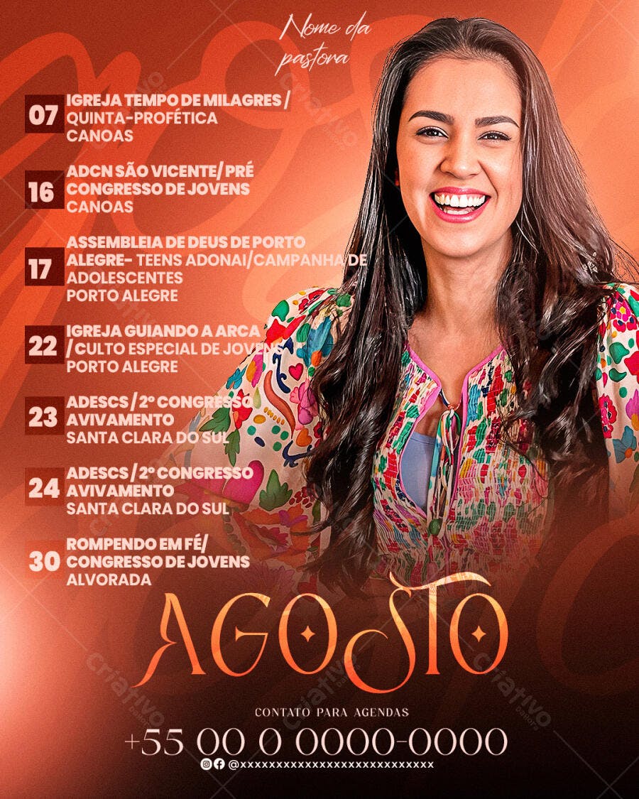 Flyer Agendas Eventos Evangélicos Agosto Jovem Mulher Sorridente PSD Editável