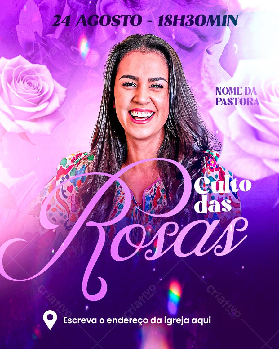 Flyer Culto das Rosas com Pastora Sorridente PSD Editável