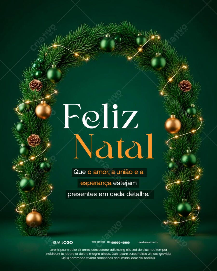 Post para Redes Sociais para Feliz Natal com Guirlanda Verde e Dourada PSD Editável