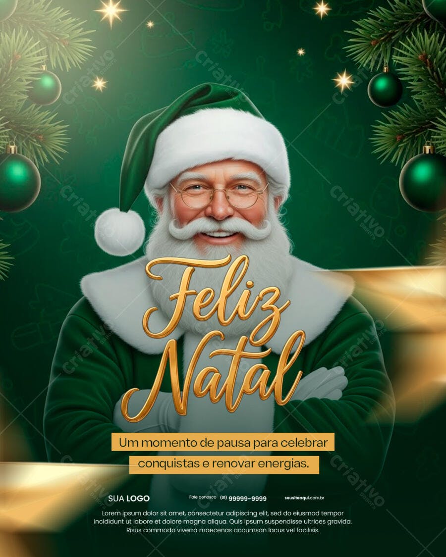 Flyer de Natal com Papai Noel Clássico Fundo Verde PSD Editável