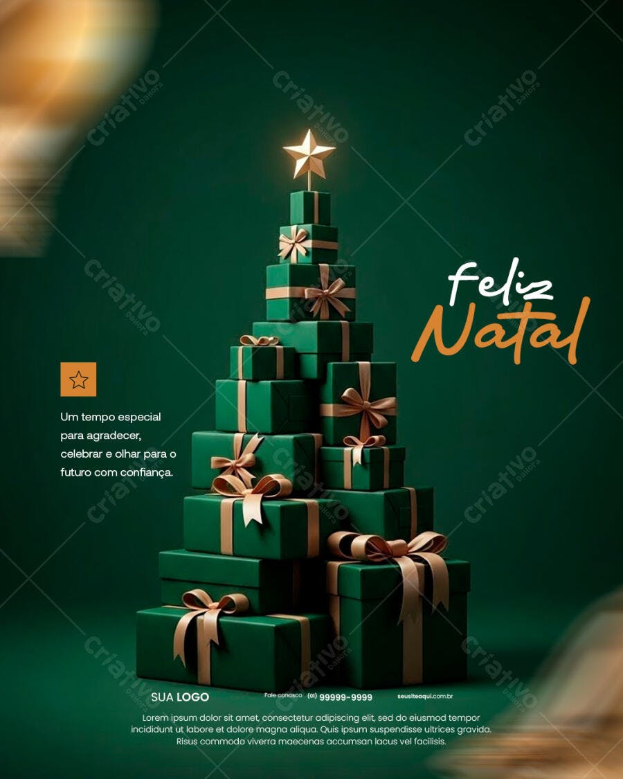 Flyer de Natal com Árvore de Presentes Verdes e Estrela Dourada PSD Editável